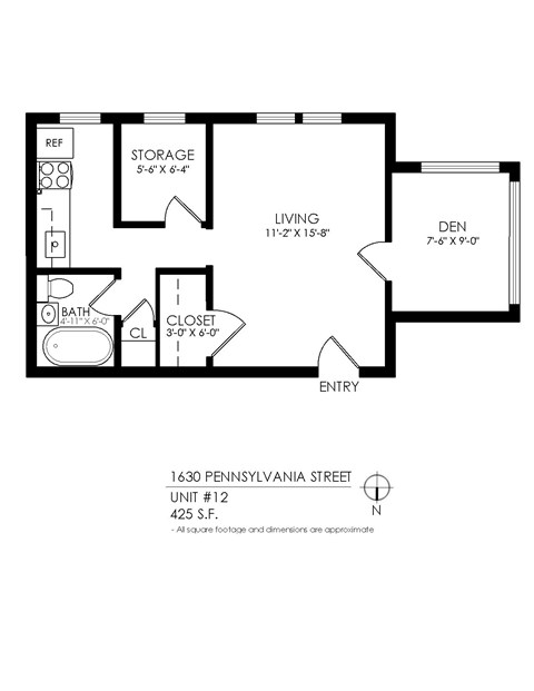 A black and white image of a floor plan for a unit at 1630 Pennsylvania Street.
